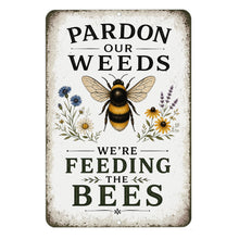 Load image into Gallery viewer, Vintage bee garden metal sign with wildflower artwork and pollinator-inspired farmhouse garden decor on white background

