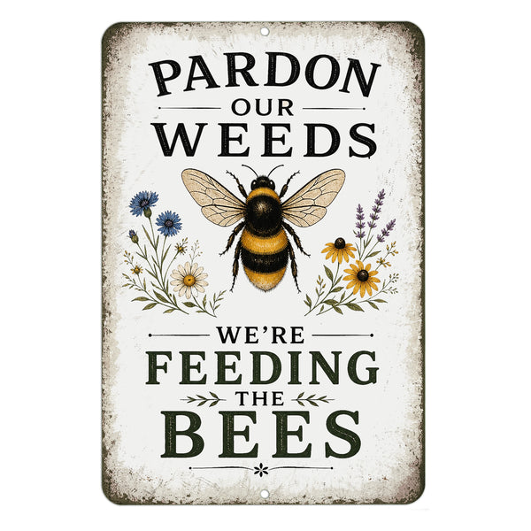 Vintage bee garden metal sign with wildflower artwork and pollinator-inspired farmhouse garden decor on white background