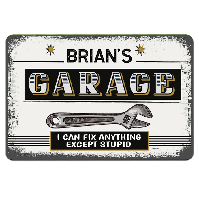 Personalized Aluminum Garage Sign by Dyenamic Art, custom metal decor for mechanics, durable and weather-resistant, perfect for garages and workshops