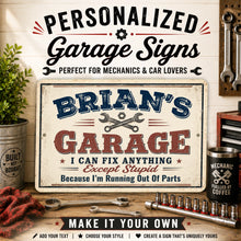 Load image into Gallery viewer, Custom garage sign personalized with name for mechanics and car lovers
