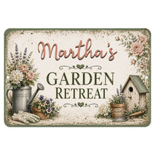 Load image into Gallery viewer, Personalized Garden Retreat metal sign with floral garden artwork and custom name
