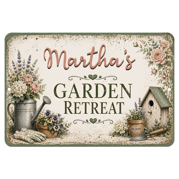 Personalized Garden Retreat metal sign with floral garden artwork and custom name