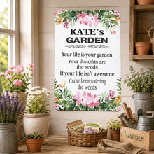 Load image into Gallery viewer, Personalized floral garden sign displayed in a bright indoor garden-inspired setting
