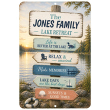 Load image into Gallery viewer, Personalized Lake Retreat metal sign with custom family name and scenic lake house decor
