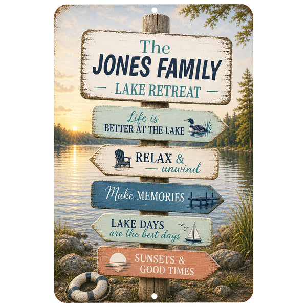 Personalized Lake Retreat metal sign with custom family name and scenic lake house decor