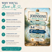 Load image into Gallery viewer, Custom aluminum sign for 'The Johnsons River House' featuring rustic wooden-style signposts with phrases like 'The Flow', 'Relax &amp; Unwind', and 'Make memories' against a scenic river backdrop. The left side of the graphic contains marketing text highlighting product features and benefits.
