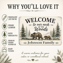 Load image into Gallery viewer, Why You’ll Love It graphic featuring a personalized Welcome to Our Neck of the Woods bear family aluminum sign with rustic woodland design.
