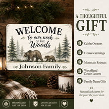 Load image into Gallery viewer, A rustic wooden welcome sign with a bear illustration and the text 'WELCOME to our neck of the Woods' and 'Johnson Family,' shown in a cozy forest-themed setting. The right side includes promotional text reading 'A THOUGHTFUL GIFT' with bullet points for cabin owners, housewarmings, mountain retreats, woodland decor lovers, and family name gifts.

