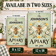Load image into Gallery viewer, Custom family apiary sign shown in 8 by 12 and 12 by 18 inch sizes, featuring botanical bee artwork and an established year.
