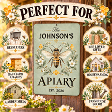 Load image into Gallery viewer, Personalized honeybee apiary sign presented with suggested uses for beekeepers, honey houses, homesteads, and backyard beekeeping spaces.
