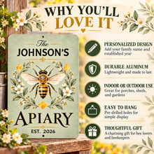 Load image into Gallery viewer, Botanical apiary sign with feature highlights including custom family name, lightweight aluminum, vibrant printing, and easy hanging.
