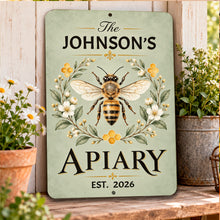 Load image into Gallery viewer, Custom beekeeper sign displayed among flowers and potted greenery in a bright garden setting, featuring a vintage honeybee and personalized family name.
