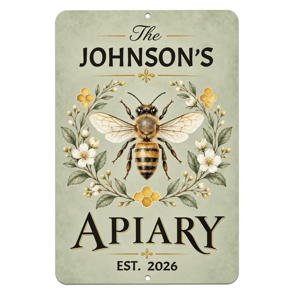 Personalized apiary metal sign featuring The Johnson's Apiary, Est. 2026, with a detailed honeybee illustration, botanical flowers, and sage-green background.