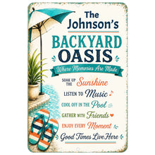 Load image into Gallery viewer, Personalized Backyard Oasis sign featuring custom family name and colorful poolside patio artwork
