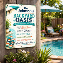 Load image into Gallery viewer, Personalized poolside patio sign mounted outdoors featuring family name and backyard oasis design
