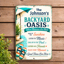 Load image into Gallery viewer, Personalized sign for a backyard oasis with pool, umbrella, and flip-flops on a wooden background.
