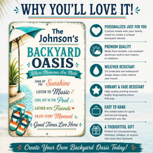 Load image into Gallery viewer, Personalized Backyard Oasis aluminum sign highlighting durability, customization, and outdoor display features
