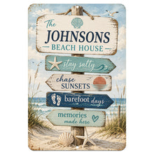 Load image into Gallery viewer, Personalized beach house metal sign with coastal sayings and vintage seaside artwork
