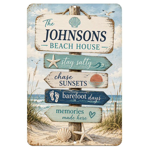 Personalized beach house metal sign with coastal sayings and vintage seaside artwork