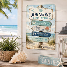 Load image into Gallery viewer, Personalized beach house sign displayed on a coastal porch with beach-inspired decor
