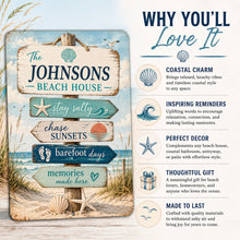 Load image into Gallery viewer, Personalized beach house wall decor sign with coastal-inspired features and beach sayings
