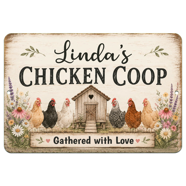 Personalized chicken coop sign with farmhouse chicken artwork and gathered with love saying on rustic aluminum metal sign