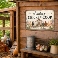 Load image into Gallery viewer, Personalized chicken coop sign hanging on rustic handmade chicken coop wall with chickens and fresh eggs nearby
