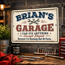 Load image into Gallery viewer, Custom garage sign personalized mechanic gift displayed in workshop
