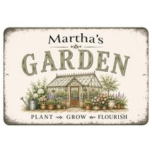 Load image into Gallery viewer, A rectangular decorative garden sign with rounded corners and pre-drilled mounting holes. The sign has a distressed cream background with the text 'Martha's GARDEN' in large dark lettering, an illustration of a greenhouse surrounded by potted plants and flowers, and the words 'PLANT GROW FLOURISH' at the bottom.
