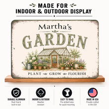 Load image into Gallery viewer, Personalized aluminum garden sign with vintage greenhouse artwork shown as durable decor for indoor and outdoor display.
