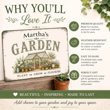 Load image into Gallery viewer, Personalized garden sign featuring custom name, vintage greenhouse design, and product benefits for gardeners and plant lovers.
