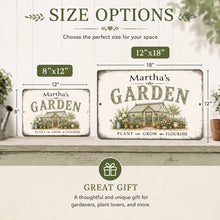 Load image into Gallery viewer, Personalized garden sign shown in 8 by 12 inch and 12 by 18 inch size options.
