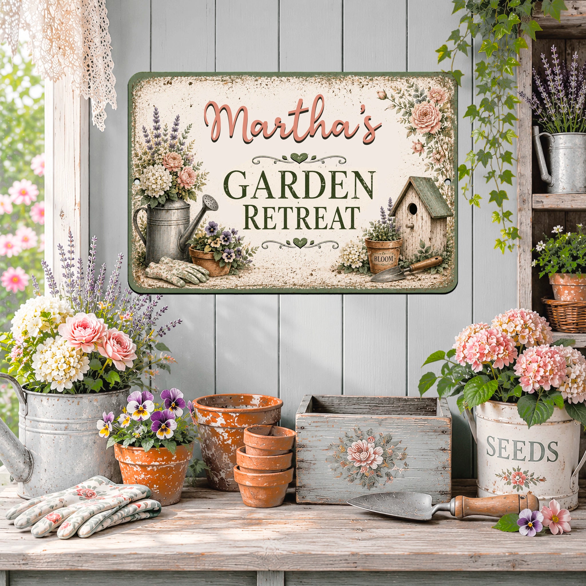Decorative sign for 'Martha's Garden Retreat' with gardening-themed items on a wooden table.