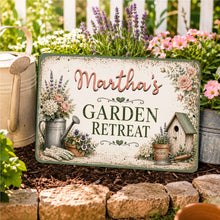 Load image into Gallery viewer, Personalized Garden Retreat sign displayed in a charming garden setting
