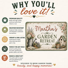 Load image into Gallery viewer, Product description card for 'Martha's Garden Retreat' sign with gardening-themed design and text about product features.
