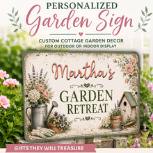 Load image into Gallery viewer, Personalized Garden Retreat sign displayed in a colorful backyard garden
