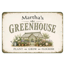 Load image into Gallery viewer, Personalized Greenhouse metal sign with custom name in vintage farmhouse style featuring botanical artwork
