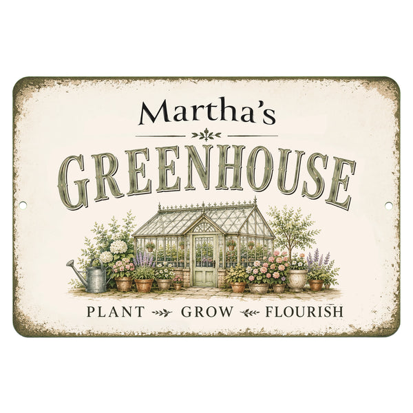 Personalized Greenhouse metal sign with custom name in vintage farmhouse style featuring botanical artwork