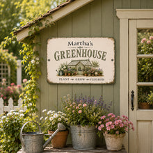 Load image into Gallery viewer, Personalized Greenhouse sign displayed on the exterior of a backyard greenhouse
