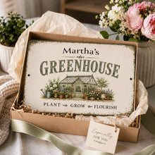 Load image into Gallery viewer, Personalized Greenhouse sign presented as a thoughtful gardening gift
