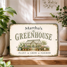 Load image into Gallery viewer, Decorative sign with 'Martha's Greenhouse' on a shelf with plants and decor.
