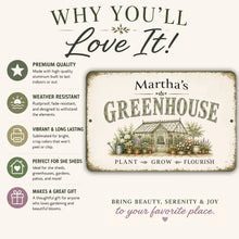 Load image into Gallery viewer, Personalized Greenhouse aluminum sign featuring durable construction and farmhouse botanical design
