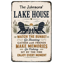 Load image into Gallery viewer, Personalized Lake House metal sign with custom family name, Adirondack chairs, lake sunset artwork and rustic lake house decor design
