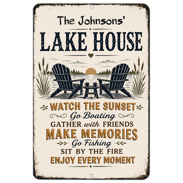 Personalized Lake House metal sign with custom family name, Adirondack chairs, lake sunset artwork and rustic lake house decor design