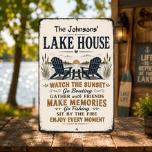 Load image into Gallery viewer, Personalized Lake House wall sign displayed at a waterfront cabin and lakefront gathering space
