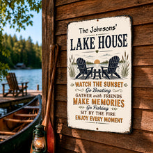 Load image into Gallery viewer, Personalized Lake House sign displayed on a rustic dock near the water at a lakeside retreat
