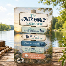 Load image into Gallery viewer, Personalized lake retreat metal sign with custom family name and rustic lake decor
