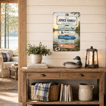 Load image into Gallery viewer, Personalized lake house metal sign displayed in rustic waterfront home
