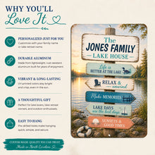 Load image into Gallery viewer, Personalized lake retreat sign features custom family name and durable aluminum
