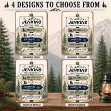 Load image into Gallery viewer, Personalized mountain cabin sign available in Mountain Cabin, Mountain Hideaway, Mountain Retreat, and Mountain Lodge designs
